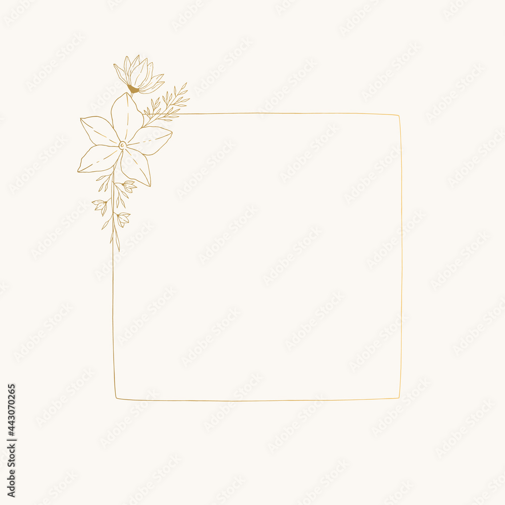 Golden square frame for branding wedding design. Vector floral illustration.