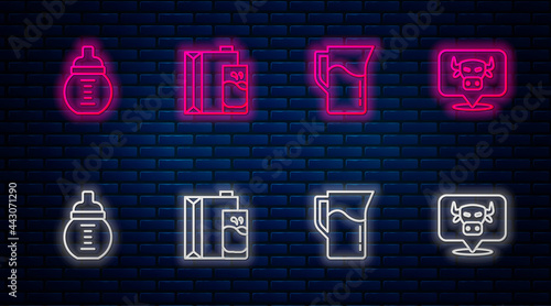 Set line Paper package for milk, Milk jug pitcher, Baby in bottle and Cow head. Glowing neon icon on brick wall. Vector