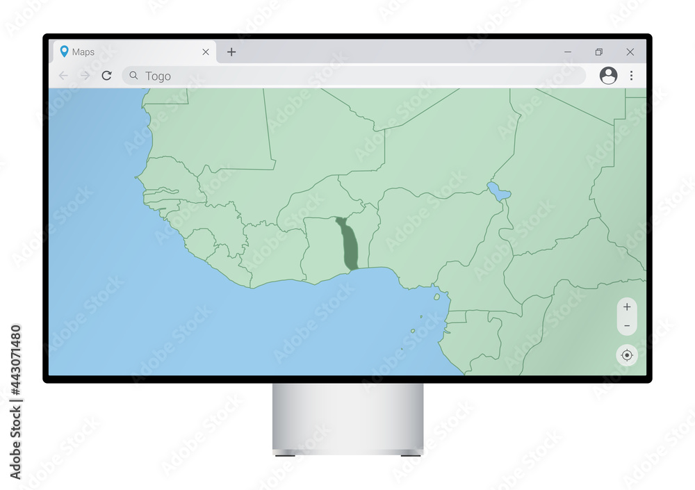 Computer monitor with map of Togo in browser, search for the country of Togo on the web mapping program. Computer monitor with map of Togo in browser, search for the country of Togo on the web mapping program.