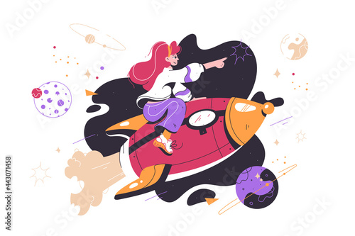 Young happy attractive girl flying only forward on success rocket.