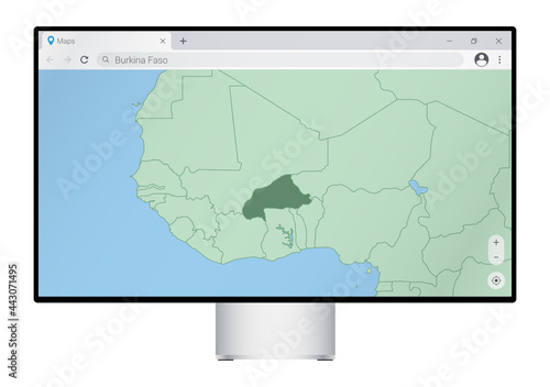 Computer monitor with map of Burkina Faso in browser, search for the country of Burkina Faso on the web mapping program.