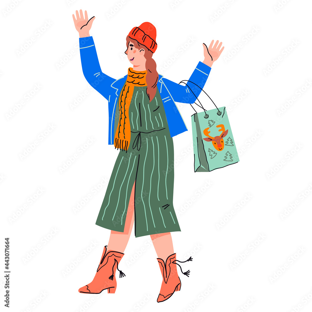 Woman shopping in the winter for Christmas holidays or at seasonal sale, flat cartoon vector illustration isolated on white. Winter shopping and sale.