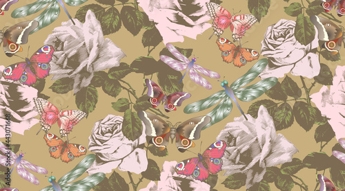 Seamless vintage multicolor pattern. Roses and butterflies