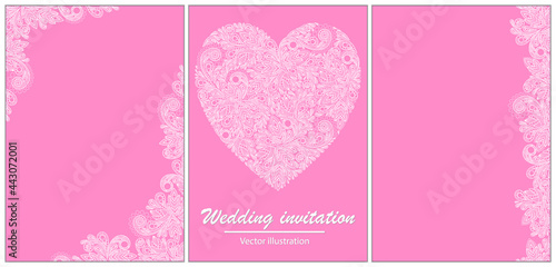 Vector illustration for decorating a wedding card or wedding card. White lace heart on a pink background.