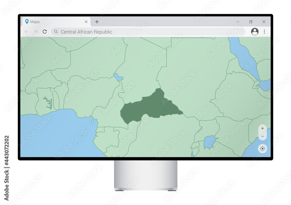 Computer monitor with map of Central African Republic in browser, search for the country of Central African Republic on the web mapping program. Computer monitor with map of Central African Republic in browser, search for the country of Central African Republic on the web mapping program.