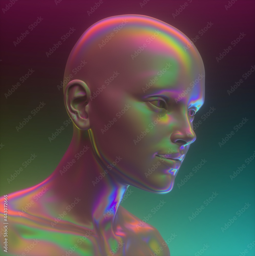 Conceptual 3D illustration of artificial intelligence. Robot head made of holographic chromium material with rainbow iridescent stains. Conceptual 3D illustration of artificial intelligence. Robot head made of holographic chromium material with rainbow iridescent stains.