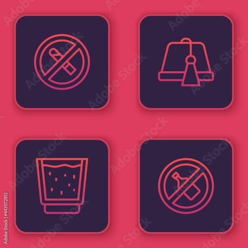 Set line No Smoking, Glass with water, Turkish hat and alcohol. Blue square button. Vector