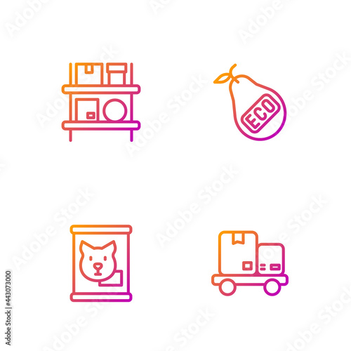 Set line Hand truck and boxes, Canned food, Warehouse interior with and Healthy organic pear. Gradient color icons. Vector