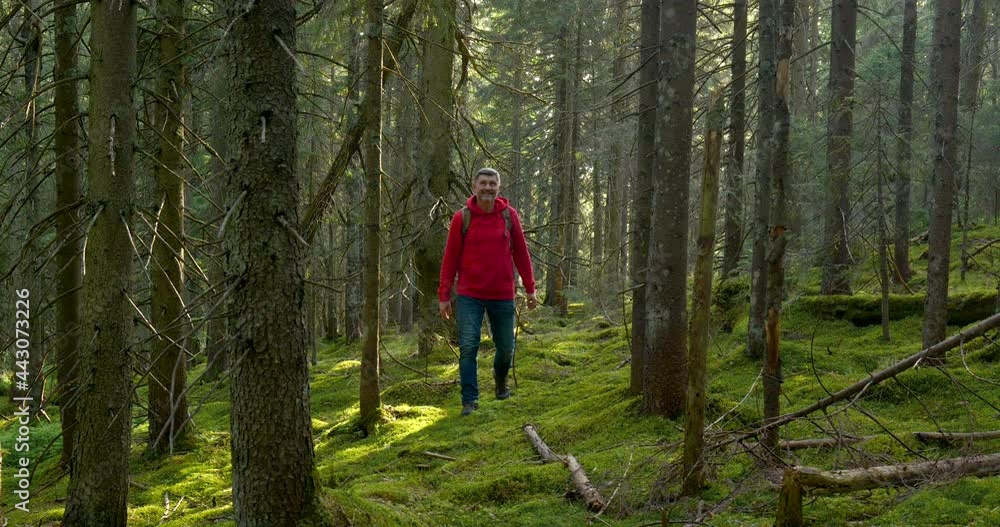 Tourist guy with backpack hiking on an adventure trip in natural landscape Tourist guy with backpack hiking on an adventure trip in natural landscape