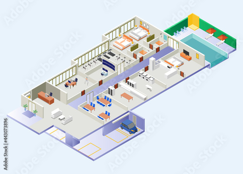 Isometric Vector Illustration of Hotel Building Area and Showing Rooms from Inside