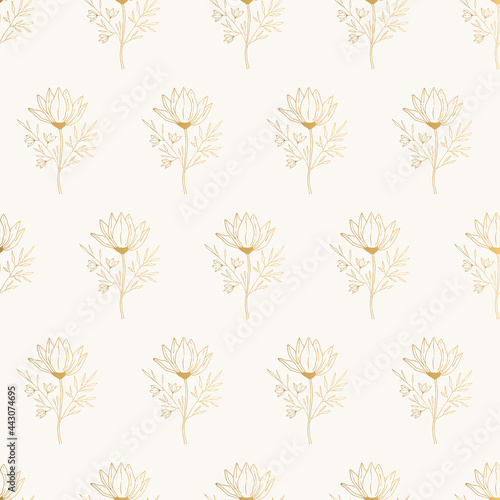 Golden pattern with magnolia flowers. Vector botanical illustration. © anatartan