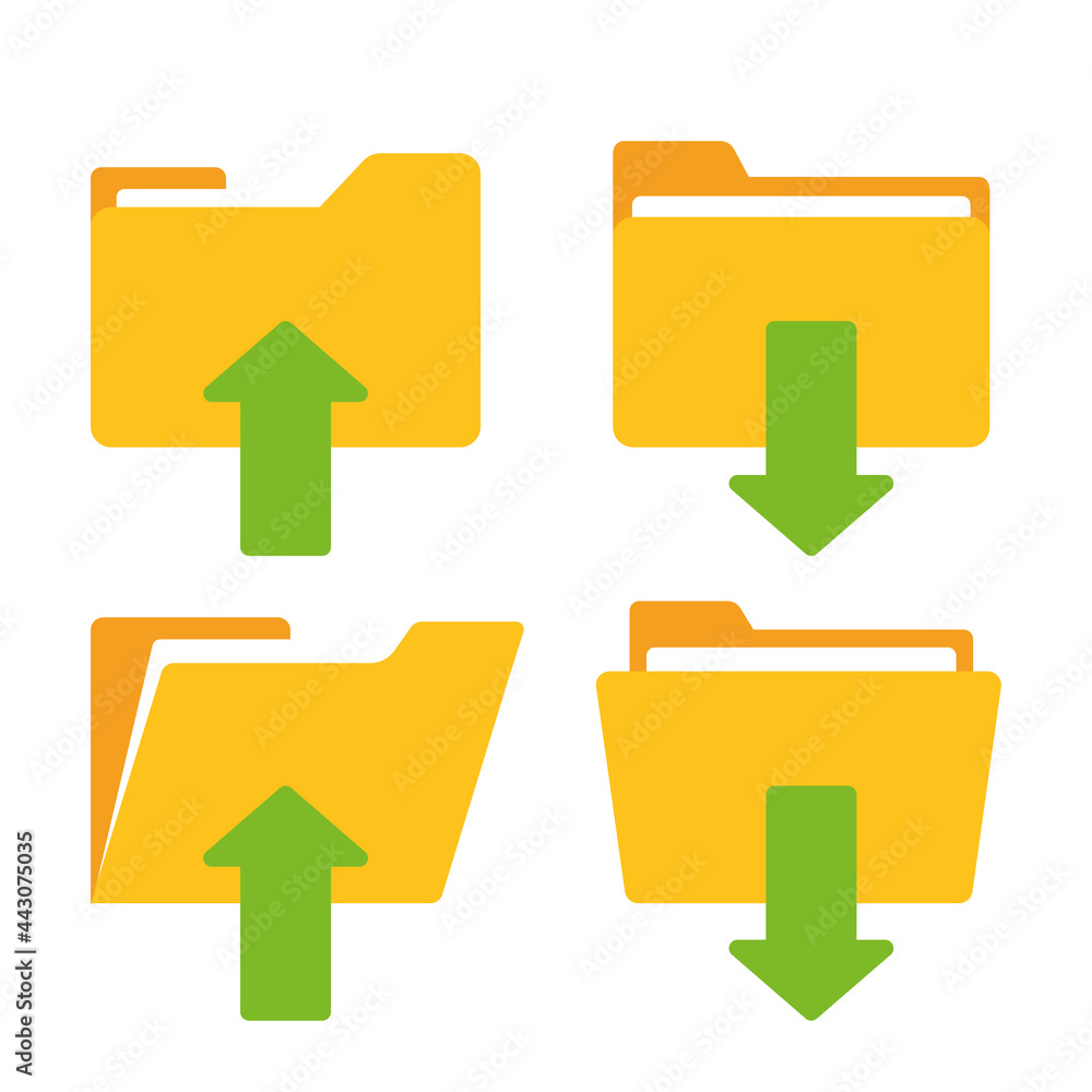 Download and upload yellow folder icon with arrow. Flat design graphic elements. Vector EPS 10.