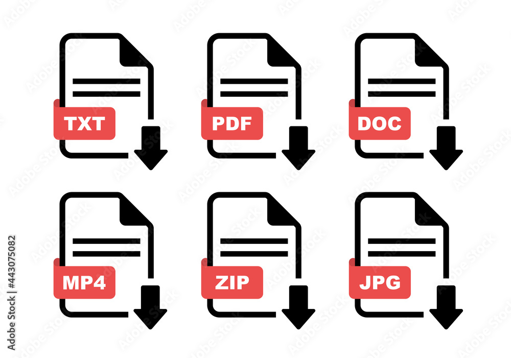 File type icon set. Format of documents. File extensions. Simple file type  and document in flat style. Icons TXT, DOC, PDF, MP4, ZIP, JPG for download  on computer. Stock Vector | Adobe