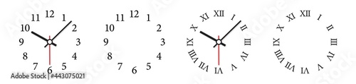 Clock face vector illustration. Mechanical clocks template set.  Watches with arabic and roman numerals and arrows.