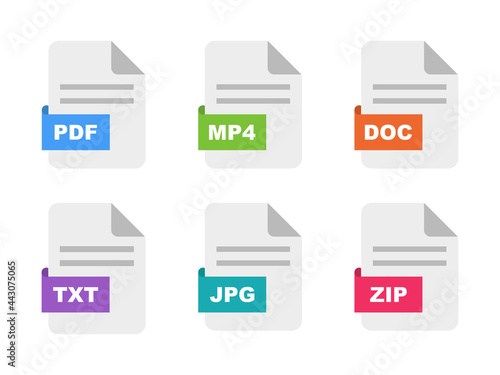 File type icon set. Format of documents. File extensions. Colored file type and document in flat style. Icons TXT, DOC, PDF, MP4, ZIP, JPG  for download on computer. 