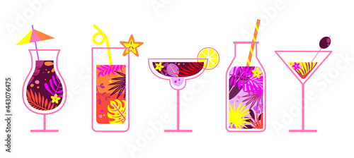 Summer alcoholic and non-alcoholic drinks. Glasses with drinks stylized as filled with tropical leaves. Hot season's lemonade and soda, smoothie, juice, shake, detox.Vector for web,design, print.