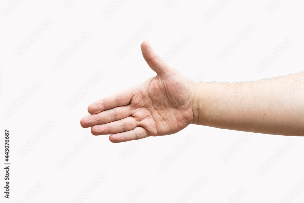 Open hand extended to receive a handshake. White background. Open hand extended to receive a handshake. White background.