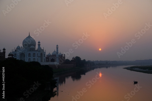 India Agra - Taj Mahal and Yamuna River sunset view