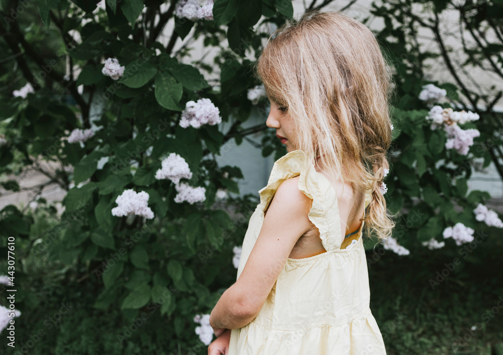 portrait of a little blonde girl in a yellow dress with braid with braided lilac flowers standing near a blooming lilac in spring, the concept of a happy childhood and school holidays portrait of a little blonde girl in a yellow dress with braid with braided lilac flowers standing near a blooming lilac in spring, the concept of a happy childhood and school holidays