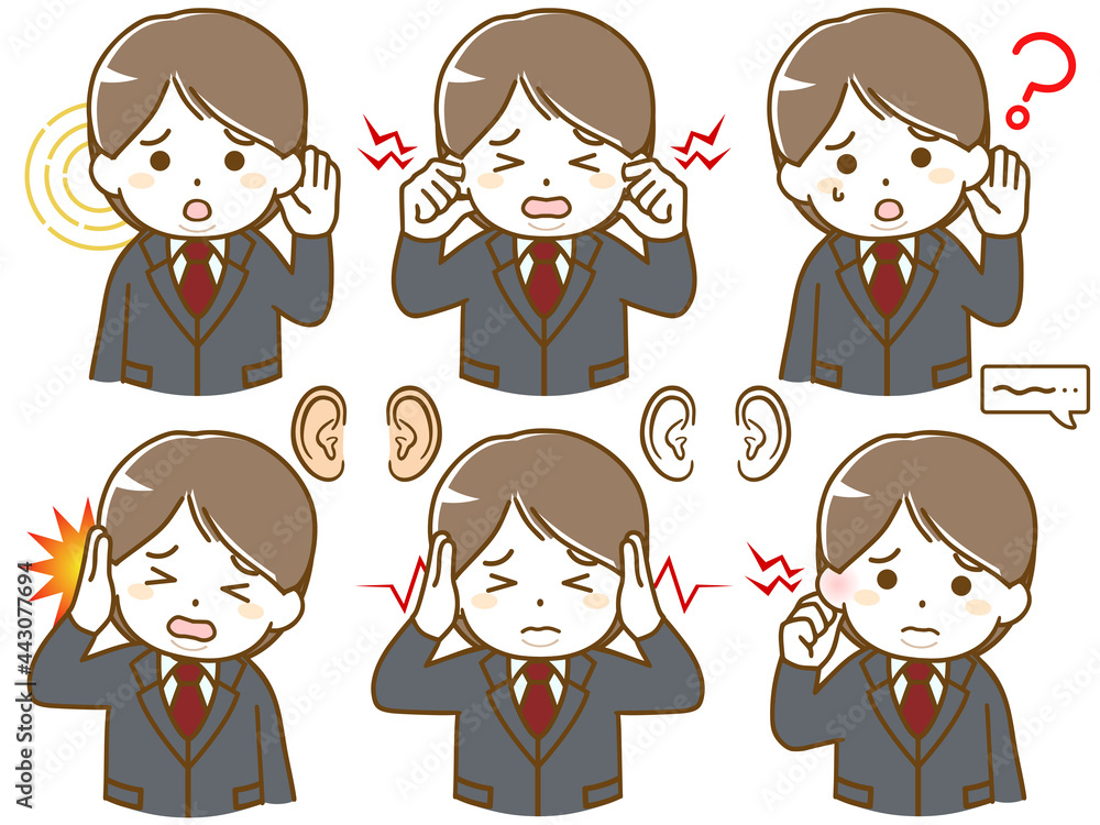 耳に異常がある太ったスーツの若い男性