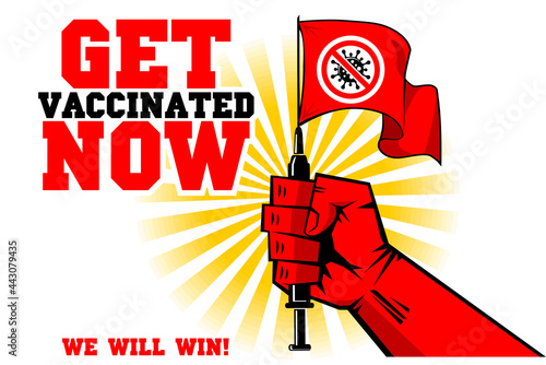 Coronavirus vaccination concept in retro style. Strong  red fist holds a syringe with vaccine and flag against the background of the rising sun. Vector comic