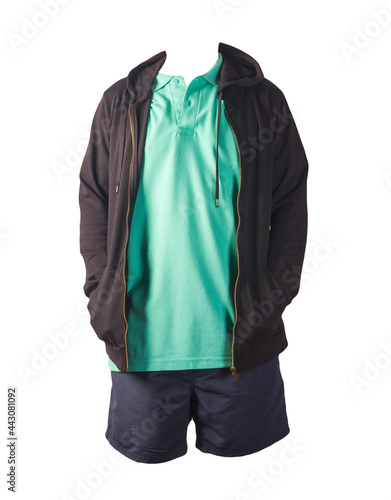 sweatshirt with iron zipper hoodie,  shirt and sports shorts isolated on white background. casual sportswear photo