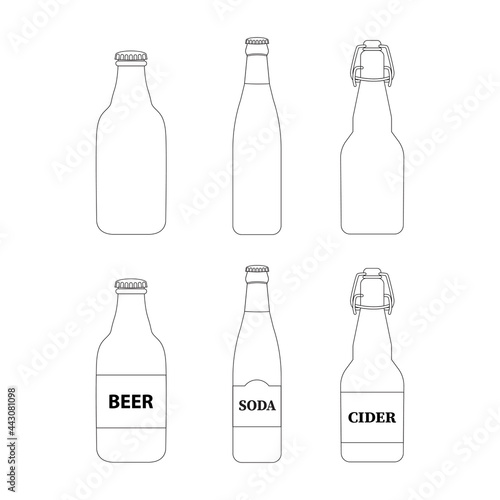 Vector outline illustration of glass bottles of beer, lemonade.