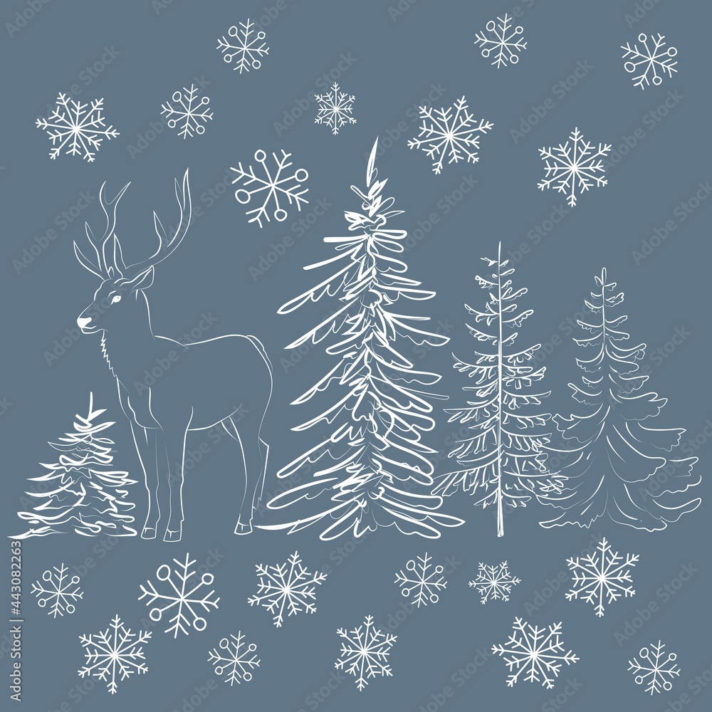 Elegant outline drawing of pine tree, deer, seamless pattern. Vector illustration. Elegant outline drawing of pine tree, deer, seamless pattern. Vector illustration.