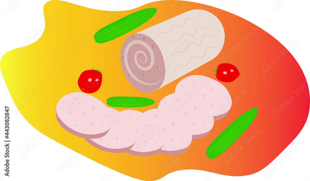 bologna sausage without wrapper and sliced sausage pieces next to tomatoes and cucumbers bologna sausage without wrapper and sliced sausage pieces next to tomatoes and cucumbers