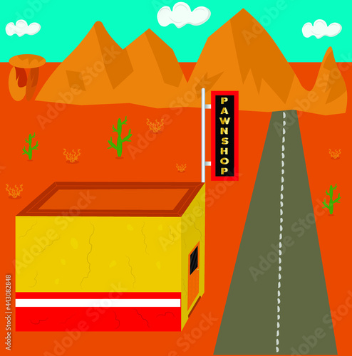 pawnshop in the style of the wild west and the road in the desert on the fne mountains