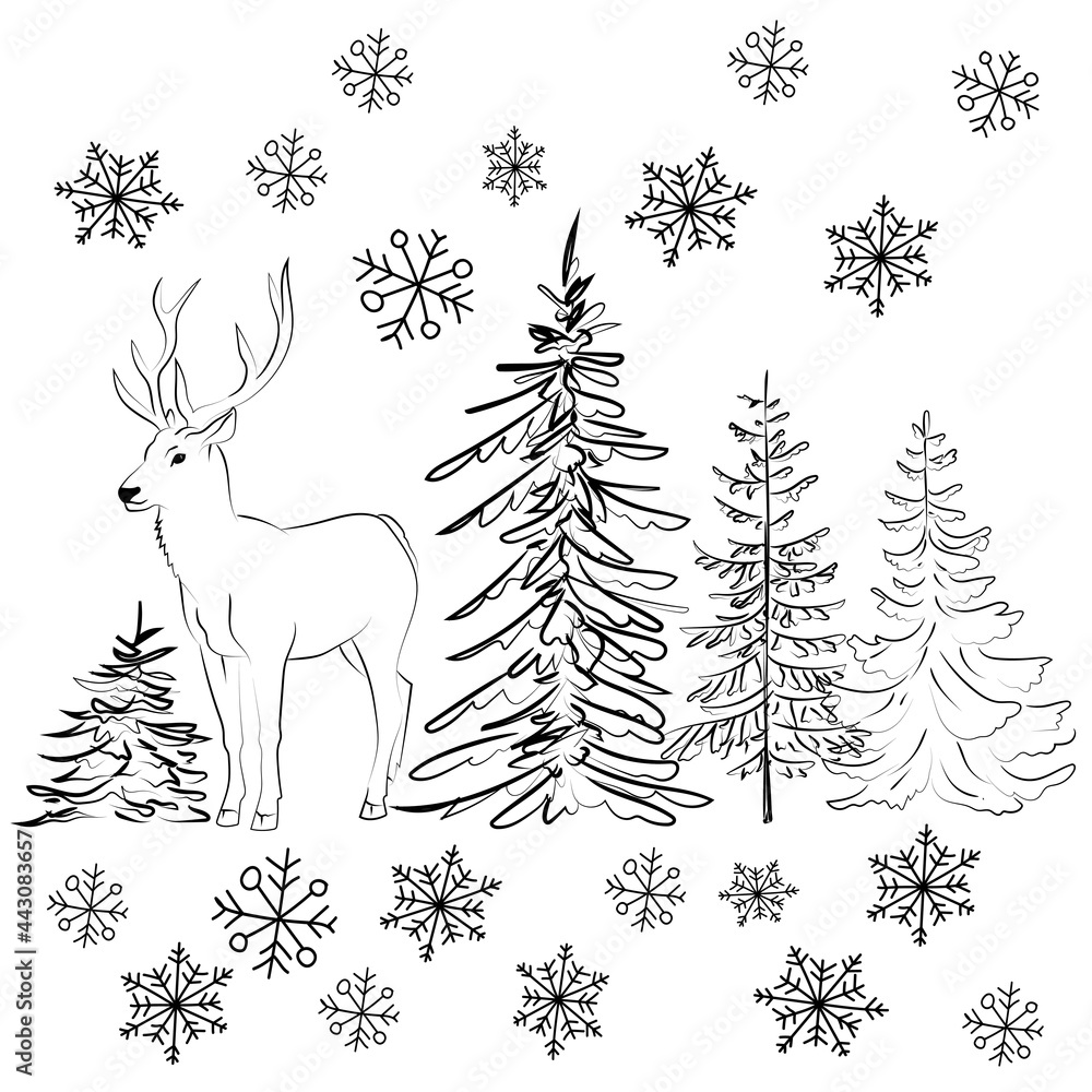 Elegant outline drawing of pine tree, deer, seamless pattern. Vector illustration. Elegant outline drawing of pine tree, deer, seamless pattern. Vector illustration.