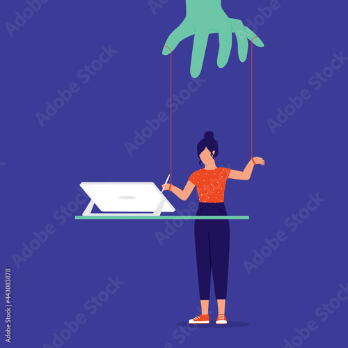 Young Woman Designer Being Controlled By The Authority And Has Lost Her Freedom Of Expression To Develop Innovative Ideas. Freedom Of Art Concept. Creativity Restrained.