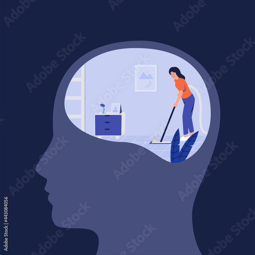 Flat illustration of women with vacuum cleaner cleaning room inside big head. Concept of cleansing and purification of inner space for self healing, mental health purification. Healthy mental Mind