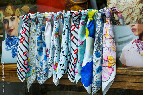 selective focus. Scarf shop selling to tourists in the crowded Eminönü district photo