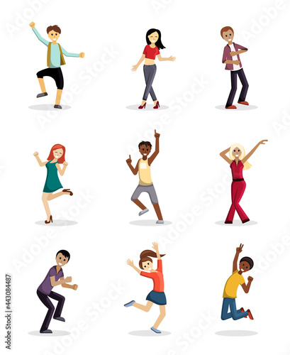 Cheerful dancing people set. Joyful girls and boys jump up and have fun party energy friendly happiness with celebration birthday and holiday friendship events. Vector cartoon happiness.