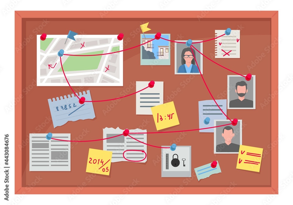 Detective board with facts and suspects illustration. Investigation sorting of evidence pinned with pins tied red threads workplace police investigator search for criminal. Vector scheme. Detective board with facts and suspects illustration. Investigation sorting of evidence pinned with pins tied red threads workplace police investigator search for criminal. Vector scheme.