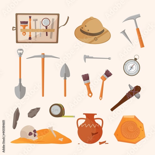 Archaeological tools and finds set. Brushes instruments for excavating historical treasures sun hat tape measure for measuring territory ancient amphora and tools primitive people. Vector artifacts.