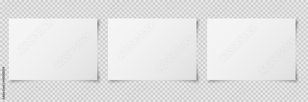 Set of three white realistic horizontal blank paper pages with shadow isolated on transparent background. A4 size sheet paper. Mockup template for advertising, document, poster, brochure. Vector Set of three white realistic horizontal blank paper pages with shadow isolated on transparent background. A4 size sheet paper. Mockup template for advertising, document, poster, brochure. Vector