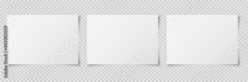 Set of three white realistic horizontal blank paper pages with shadow isolated on transparent background. A4 size sheet paper. Mockup template for advertising, document, poster, brochure. Vector