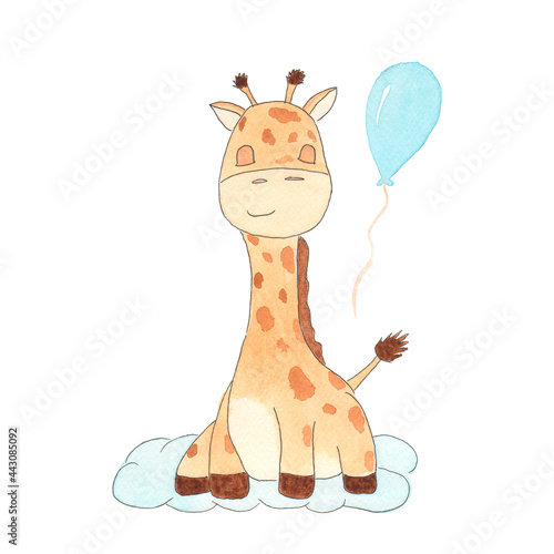 Children's poster of a giraffe sitting on a cloud. Watercolor drawing of a giraffe. Tropical baby animal illustration. Print for wallpaper, fabric, postcards.