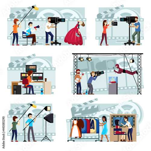 Scenes preparing and filming movie. Director with cameraman set editor at computer puts soundtrack dresser and makeup artist prepare actress for exit. Vector cartoon stage performance.