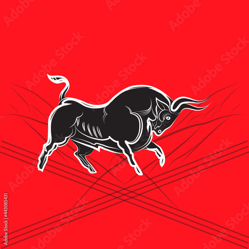 Black and white graphic bull silhouette. Black powerful buffalo with white outline. Hand-drawn. Animal on red background. Strength and power symbol for bullfighting, logo, farm trademark. Taurus sign.