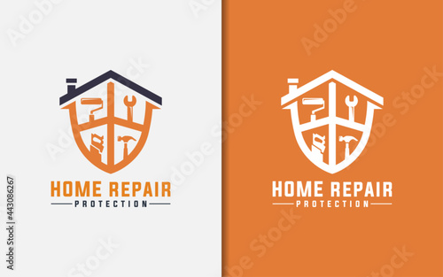 Home Repair Logo Design. Abstract House and Shield Combined With Constructions Repair Tool.