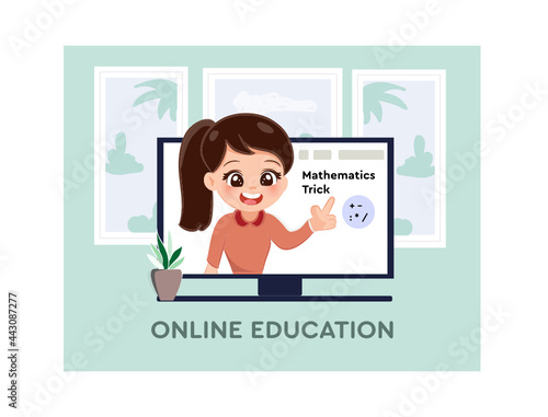 Female teacher conduct lessons online for school pupils or university students. Video course, web seminar, internet class, personal teacher service for individual distant home self education. Kawaii s