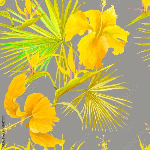 Fototapeta Naklejka Na Ścianę i Meble -  Palm leaves and hibiscus flowers on grey background seamless pattern for all prints.