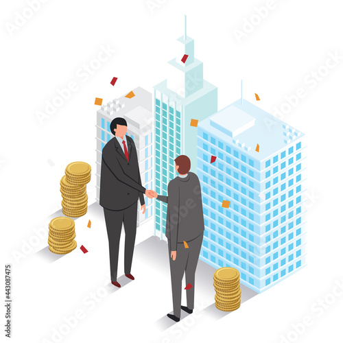 アイソメトリック-シーン-契約成立-ビル