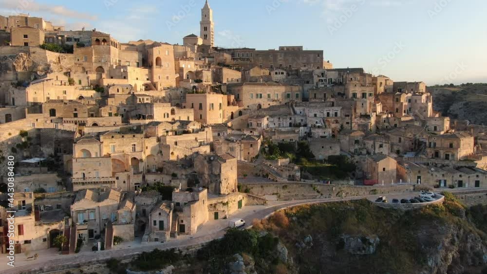 sassi di matera city centre aerial view drone rising up over old historic town basilicata italy sassi di matera city centre aerial view drone rising up over old historic town basilicata italy