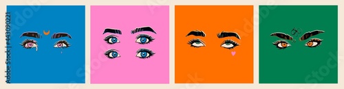 Set of Beautiful female Eyes with long Eyelashes and Brows. Close up emotional fashion look. Hand drawn colored Vector illustrations. Brow bar, beauty salon concept. Logo, poster or print templates