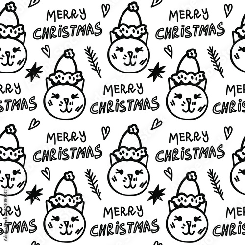 Christmas vector seamless pattern with cats in hats merry christmas hearts branches stars lettering.Holiday print on white isolated background in doodle hand drawn style.Design for wrapping paper.