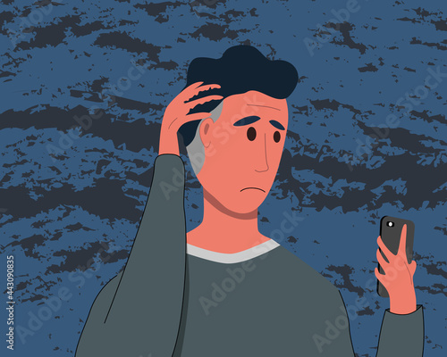 A man with a smartphone is holding his head, Stressed man vector illustration.